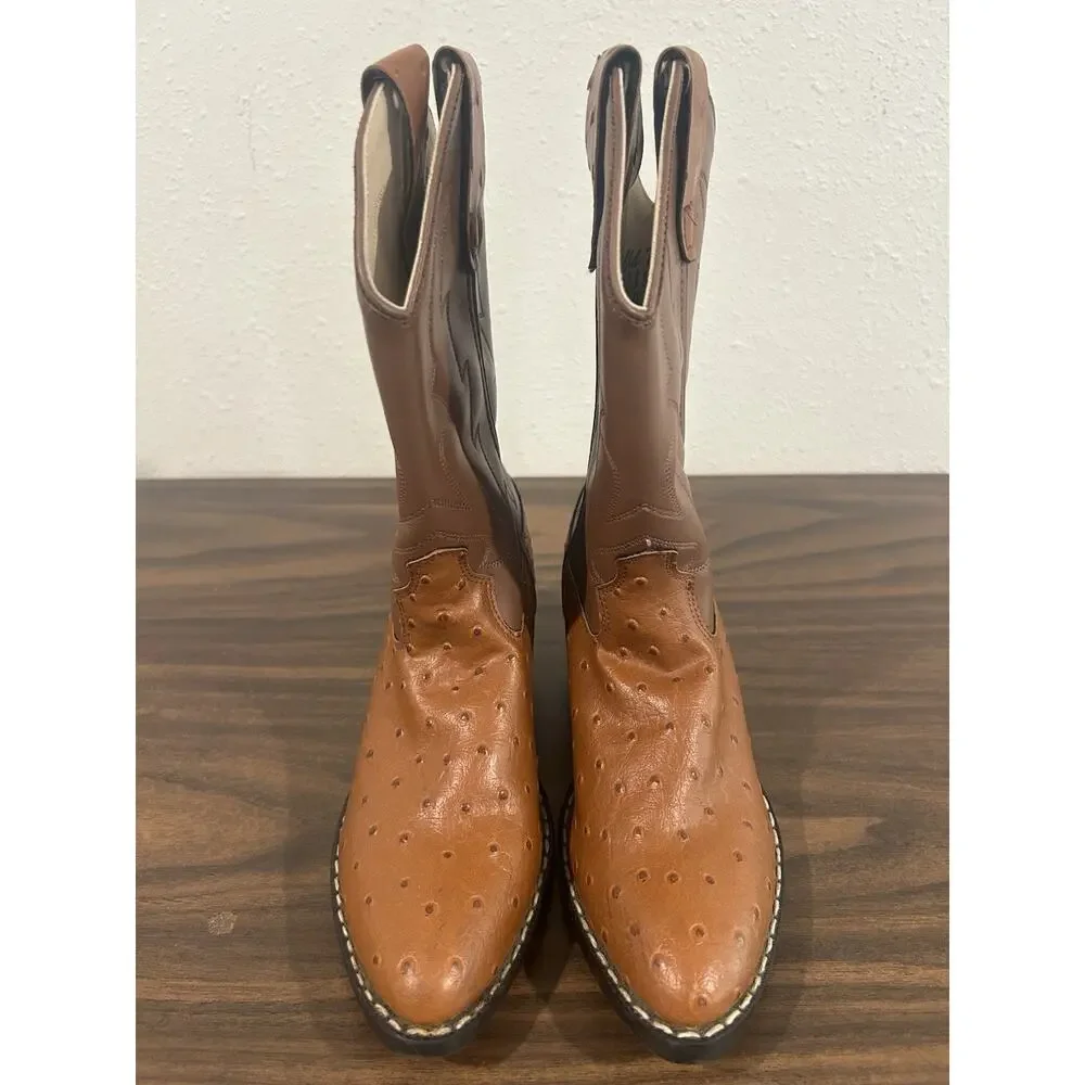 Old West Cowboy Boots‎ Boys Ostrich Print Brown Youth Size 2 Western Point Toe
